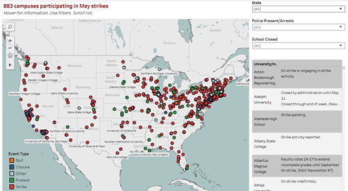 Interactive map preview of nearly 900 campus demonstrations in May 1970 protesting the Cambodia invasion and Kent State massacre.